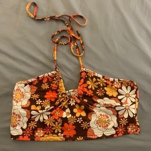 brown, orange, and yellow tube top with tie around neck